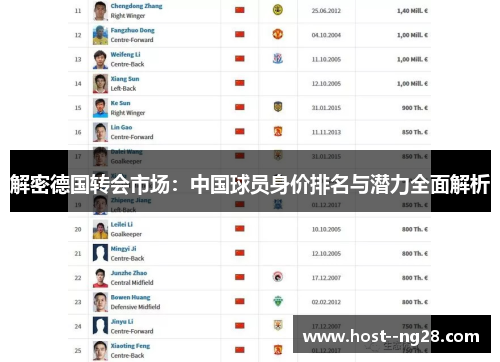 解密德国转会市场：中国球员身价排名与潜力全面解析