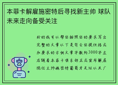 本菲卡解雇施密特后寻找新主帅 球队未来走向备受关注 本菲卡解雇施密特后寻找新主帅 球队未来走向备受关注